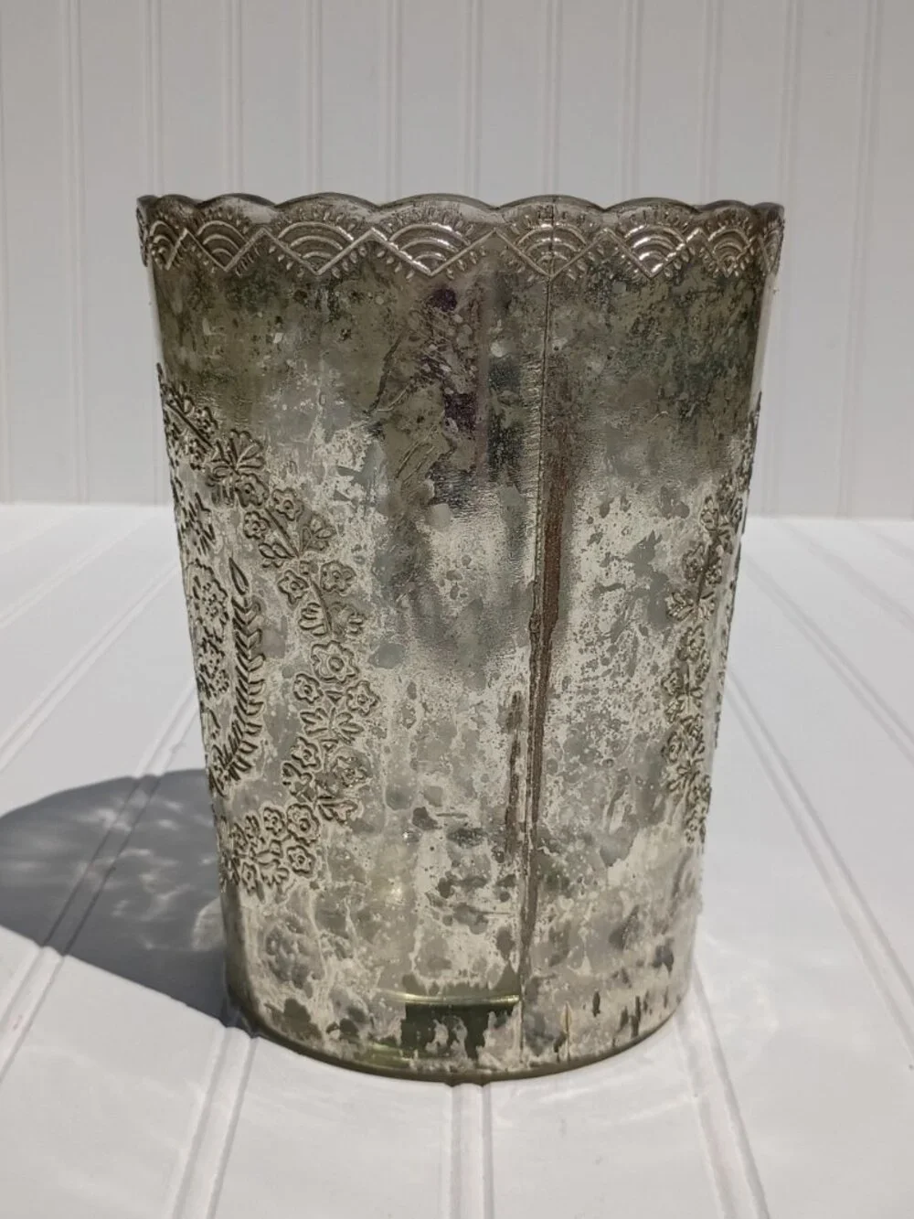 Vintage Glass Vase Floral Embossed Scalloped Rim Made in India Antique Style 7